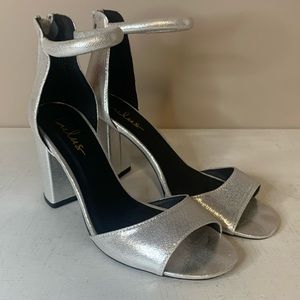 Lulus Gun Metal Silver Ankle Strap Block Heel Sandals